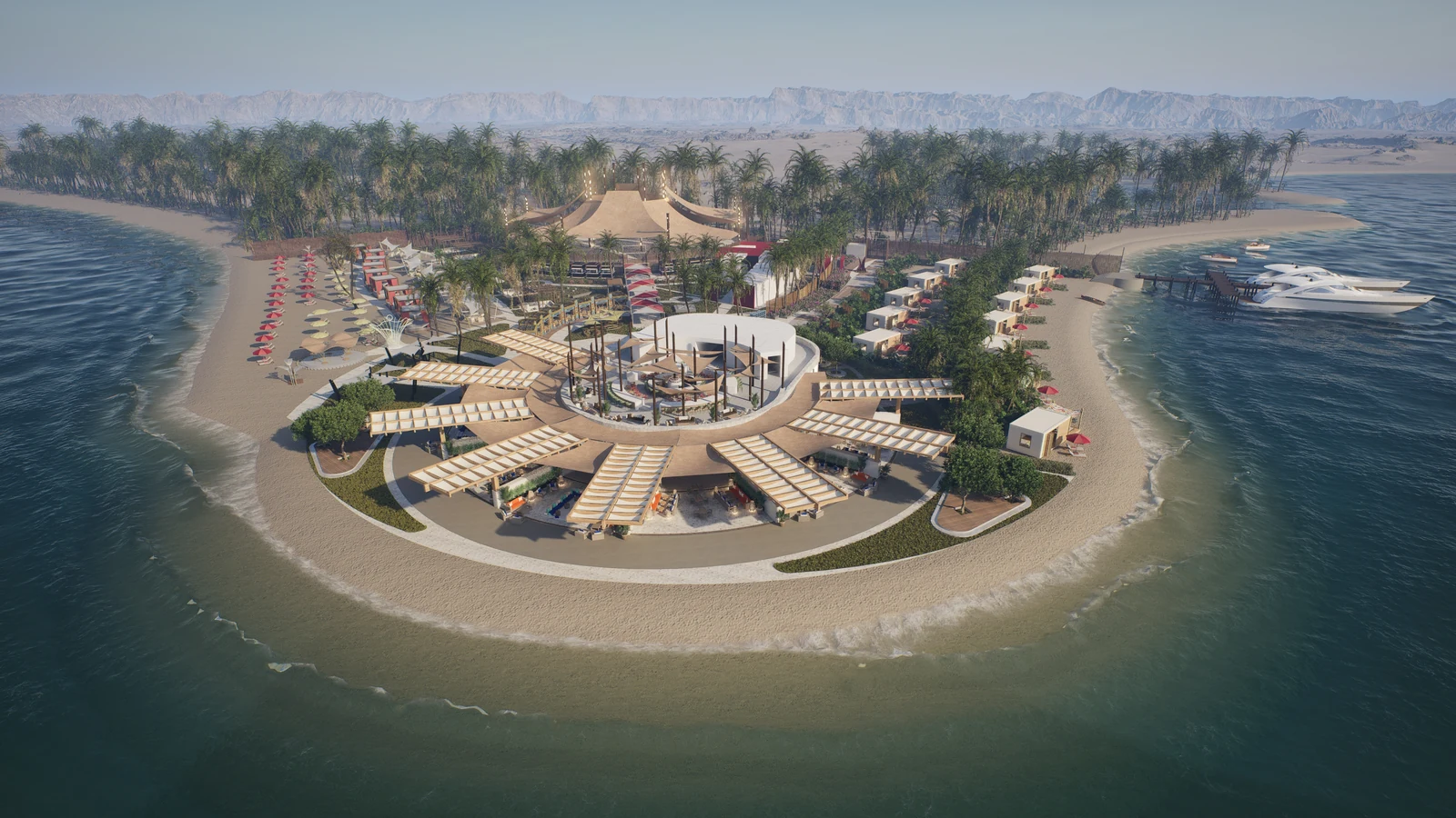 Beach Club in KSA — Aerial view of a palm-lined beach club on a curved peninsula surrounded by water