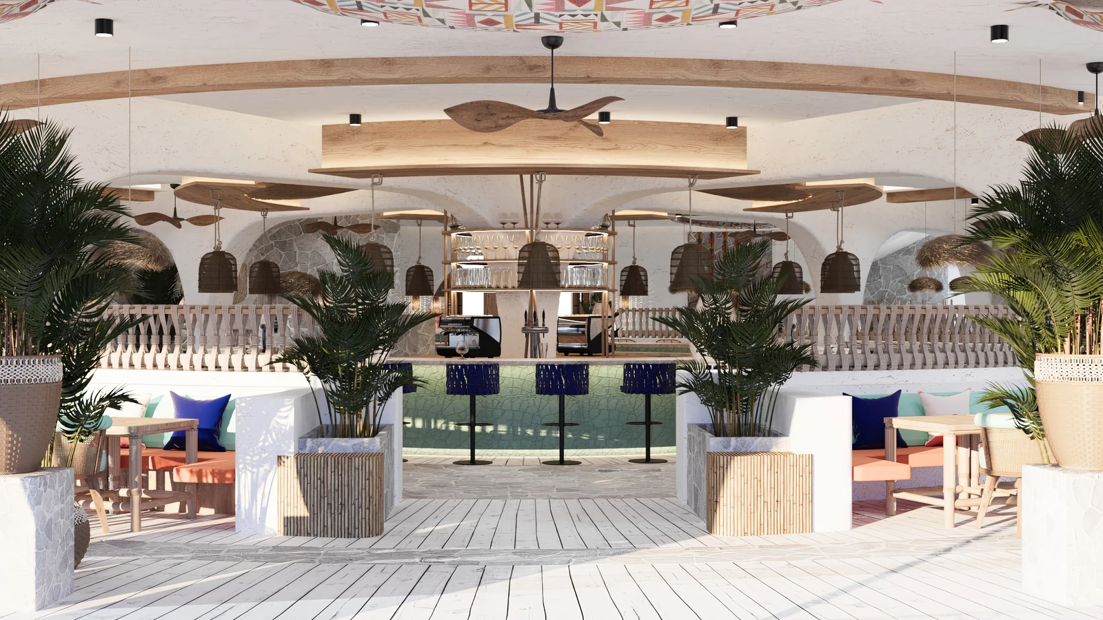 Beach club lounge terrace with blue and white seating, palms and a central bar