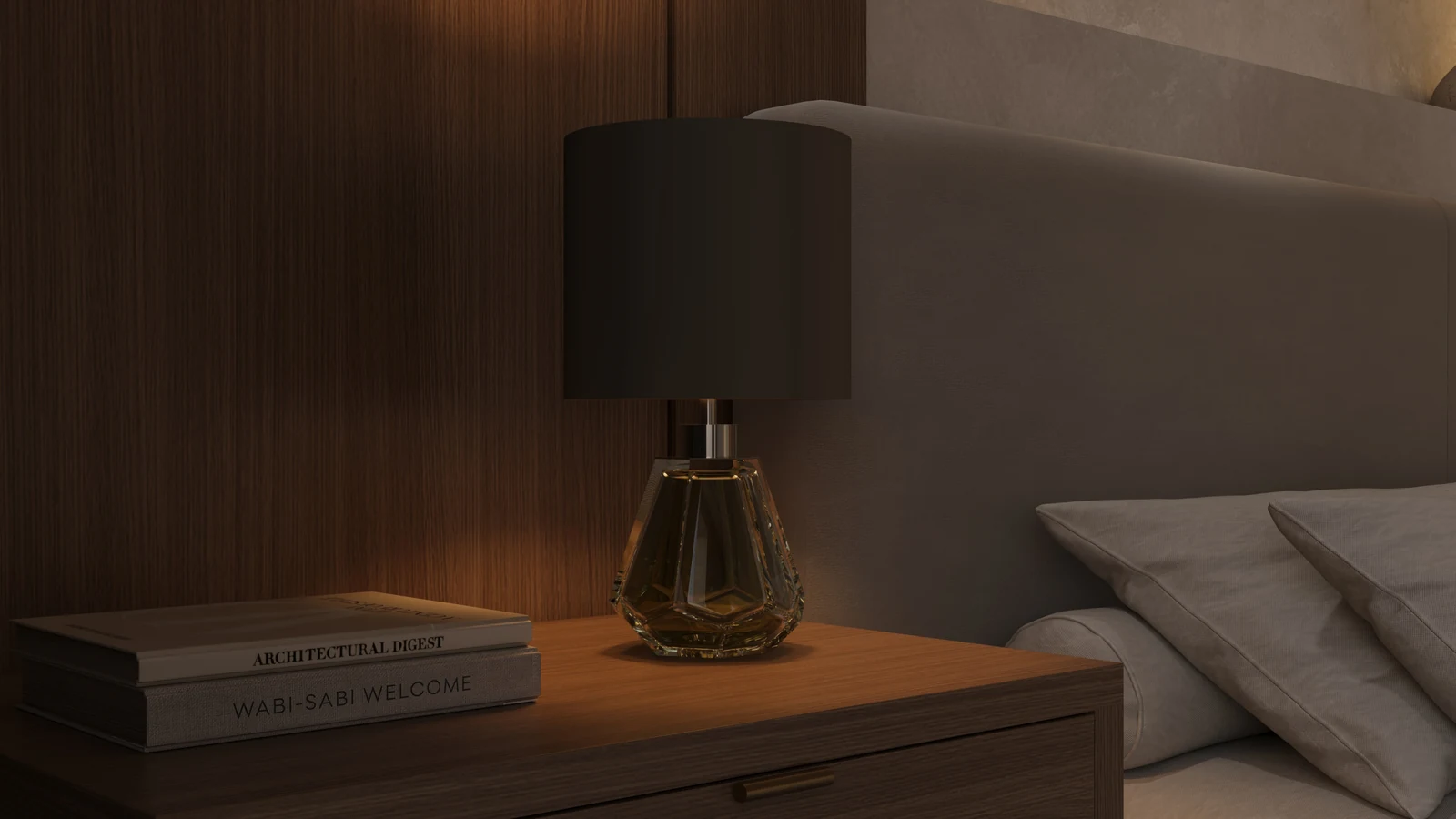 Jewel TL table lamp on a timber bedside cabinet against a dark upholstered headboard