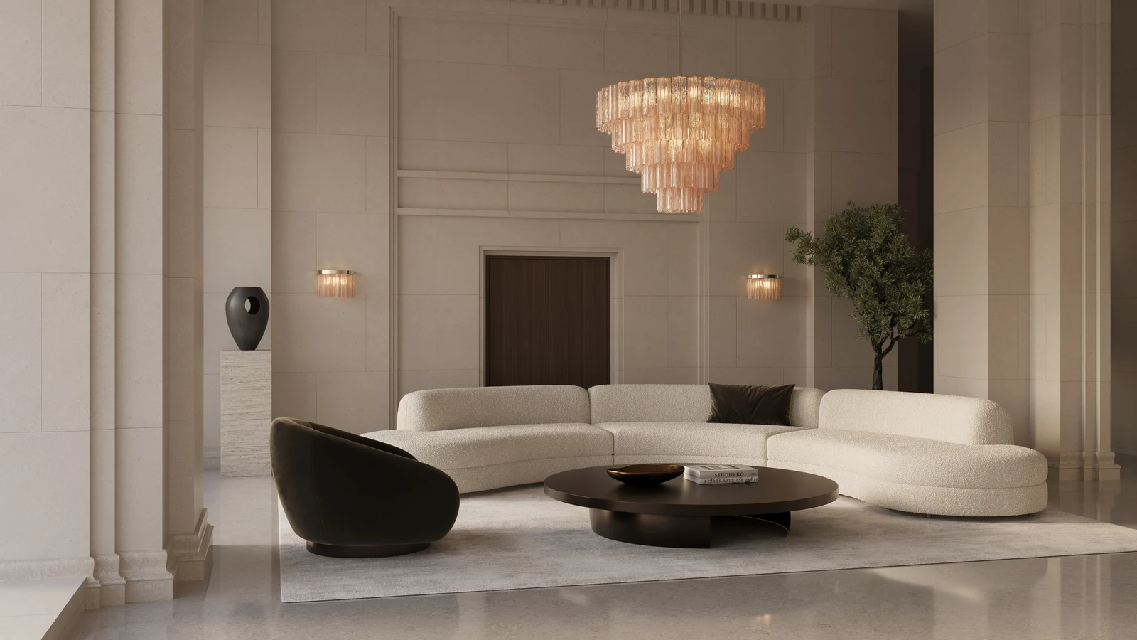 Bella Figura Collection — Pink Pentagon 2CL ceiling light above a pale curved sofa in a panelled living room