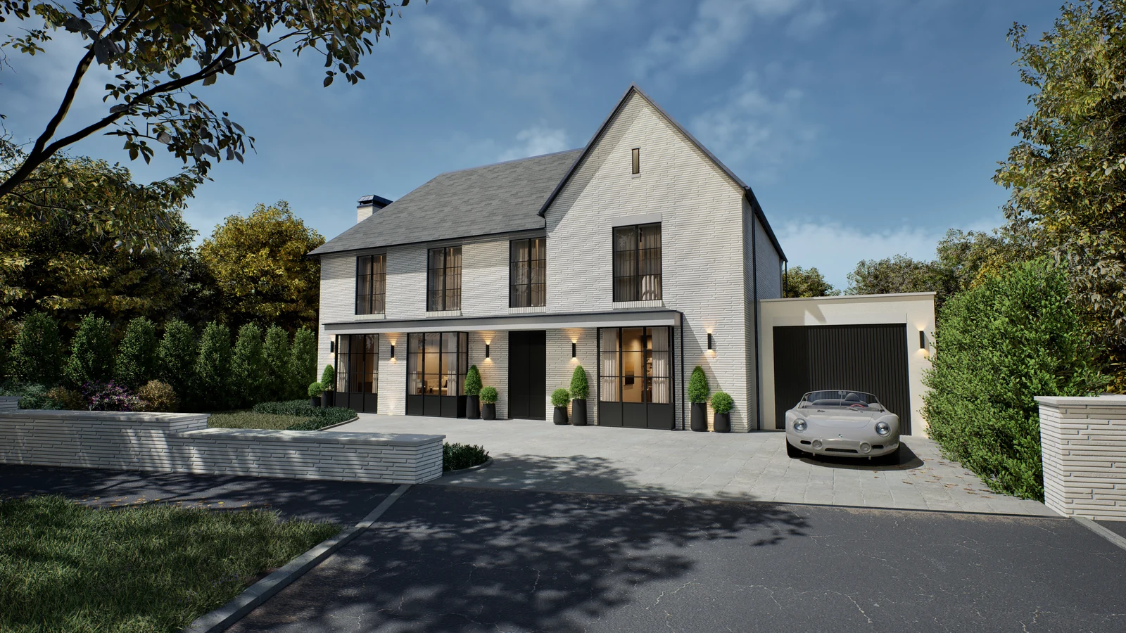 Modern House in Lancashire — White gabled house with dark framed windows, a front driveway and a parked car