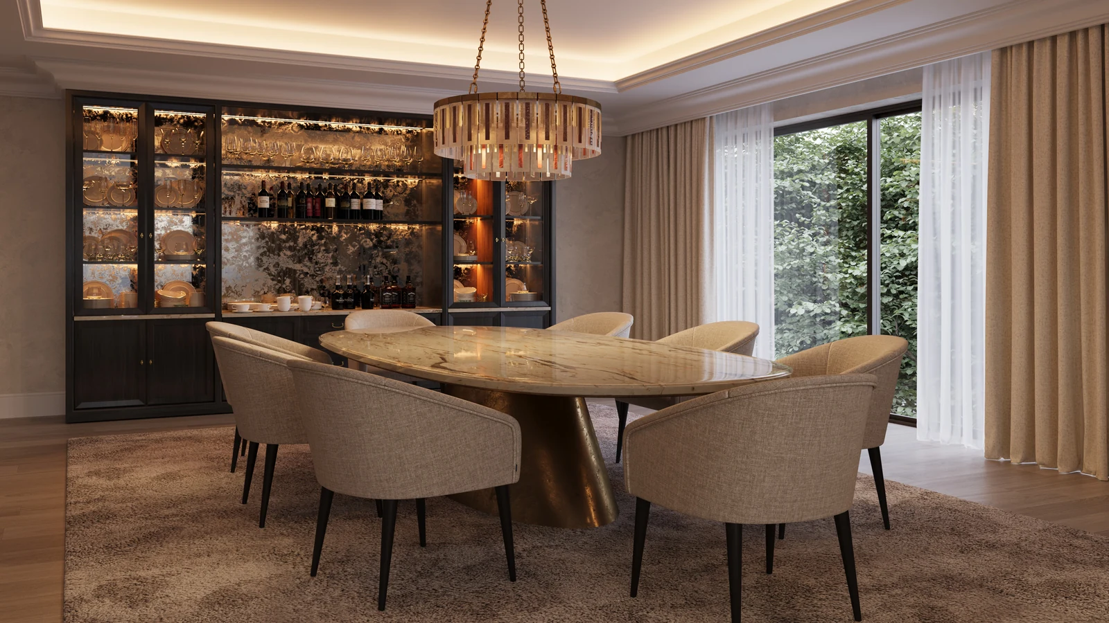Northern Lights Collection — Ember Chandelier above an oval dining table beside a glazed cabinet