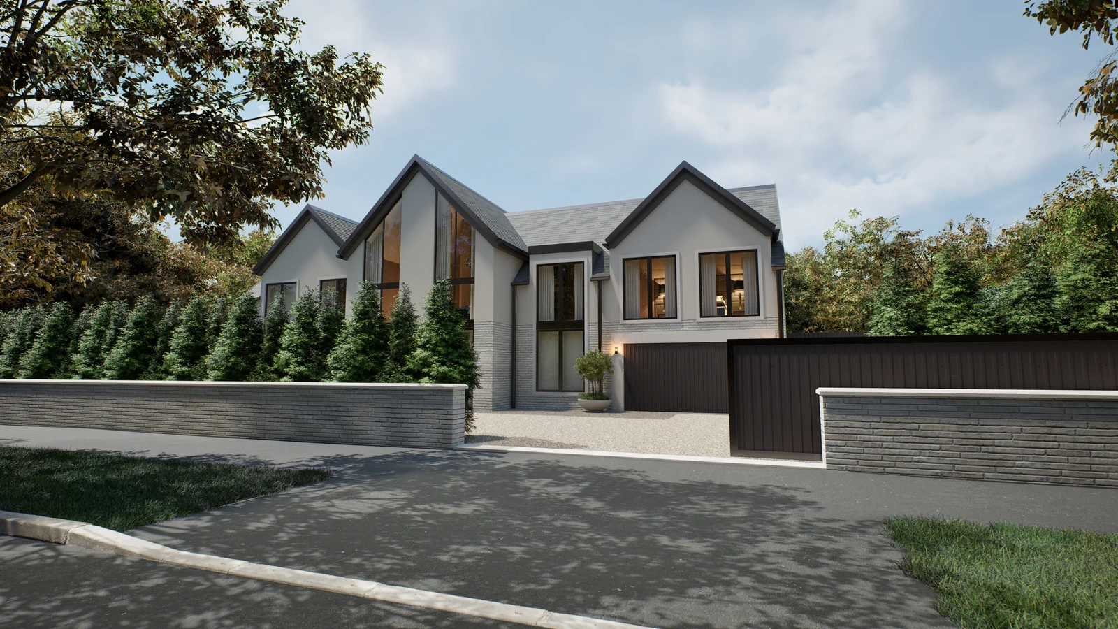 Residence in Lancashire — Gabled house behind a low boundary wall with a driveway and landscaped planting
