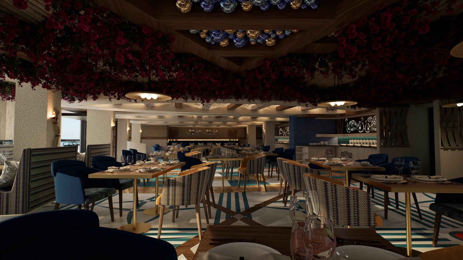 Restaurant in Jersey — Restaurant dining room with blue seating and dark ceiling panels hung with red foliage