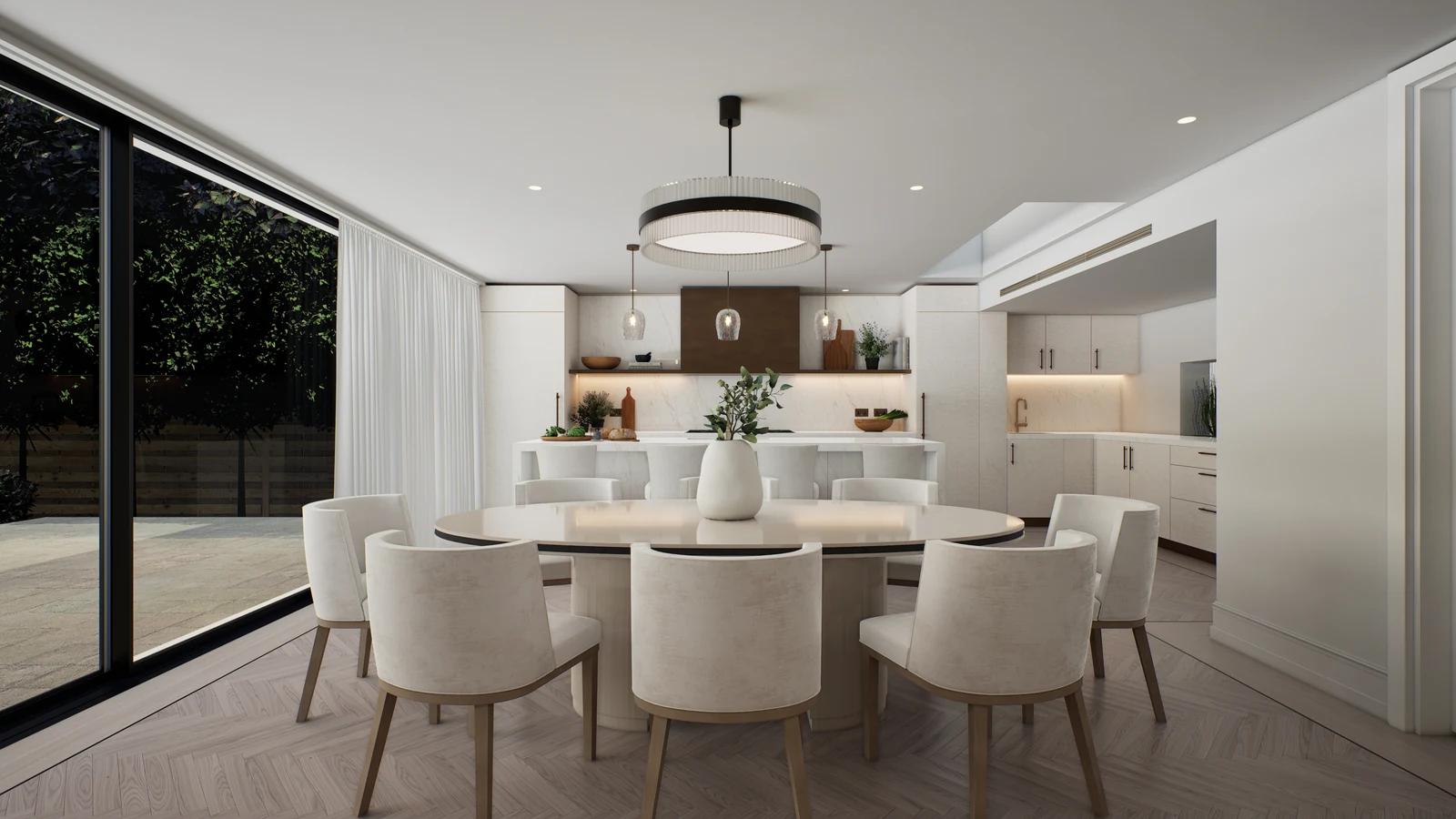 Richmond Residence — Round dining table and upholstered chairs beside full-height garden glazing