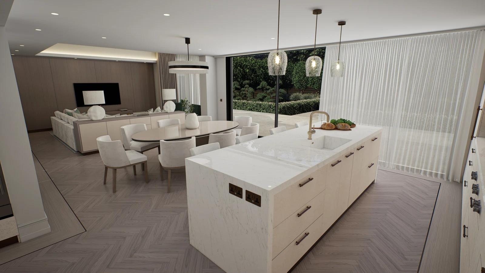 Richmond Residence — White kitchen island with pendant lights beside an open dining and living area