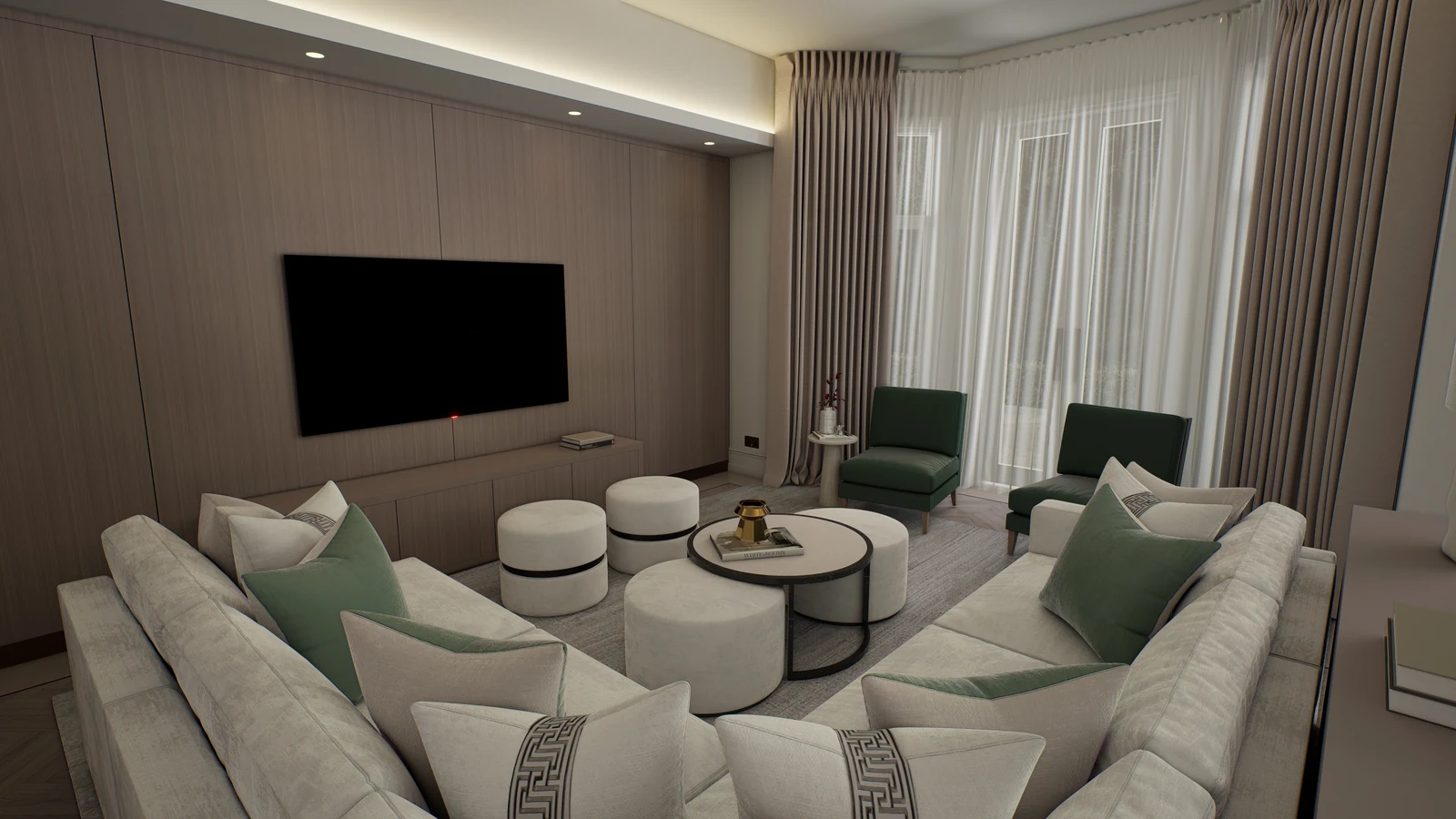 Richmond Residence — Cream sofas and green armchairs around a circular coffee table facing a dark television wall