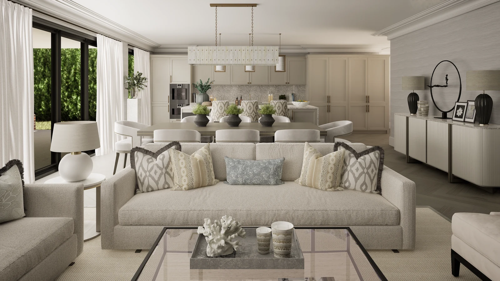 Townhouse in Chelsea — Pale sofa with patterned cushions beside tall windows and built-in shelving